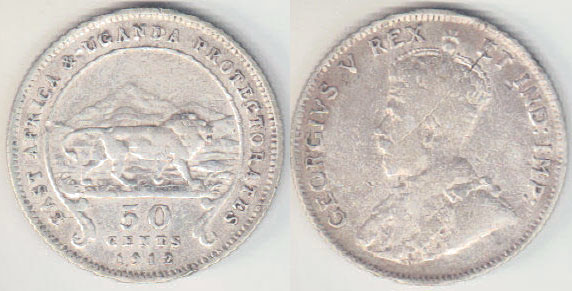 1912 East Africa & Uganda silver 50 Cents A003793